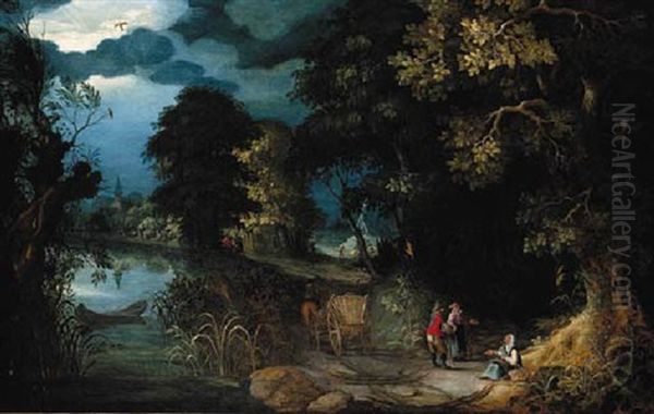 A Wooded River Landscape With A Woman Seeking Alms From Travellers On A Path Oil Painting by Abraham Govaerts