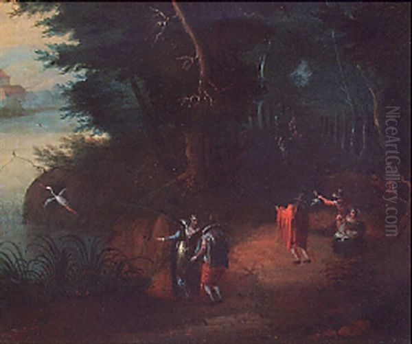 A Wooded River Landscape With Elegant Figures On A Path Oil Painting by Abraham Govaerts