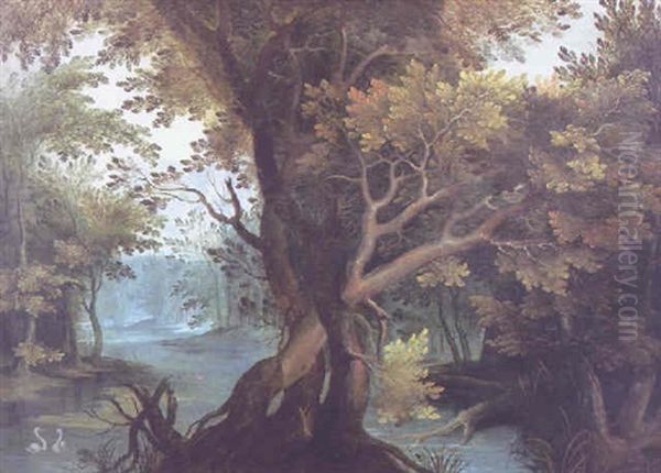 A Wooded Landscape With Two Swans On A River In The Foreground by Abraham Govaerts