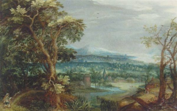 An Extensive River Landscape With A Sportsman Approaching A Village On A Track Oil Painting by Abraham Govaerts