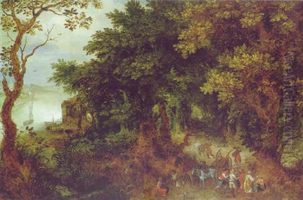 Rastende Bauern An Einer Waldstrase Nahe Einem Flus, Eine Stadt In Der Ferne Oil Painting by Abraham Govaerts