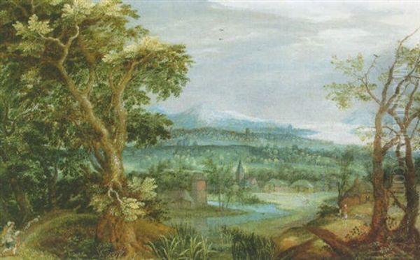 An Extensive Landscape With A Peasant And His Dog In The Foreground And Figures By A Village Beyond Oil Painting by Abraham Govaerts