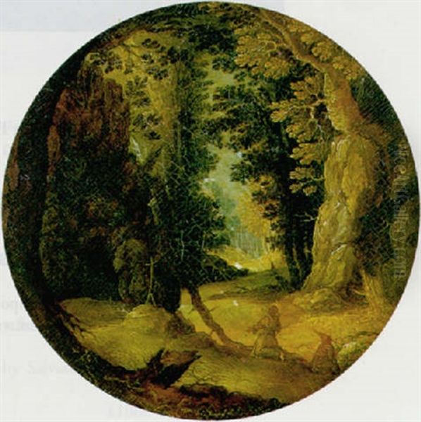 Two Hermits In A Rocky Woodland Landscape Oil Painting by Abraham Govaerts