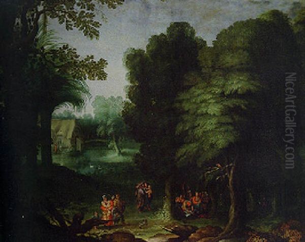 A Wooded Landscape With Travellers On A Track And Peasants Feasting In A Clearing Oil Painting by Abraham Govaerts