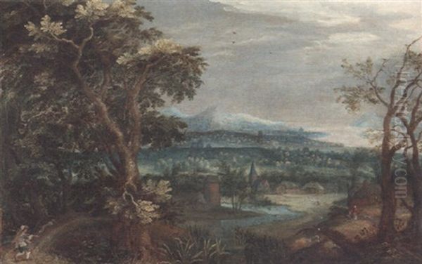 An Extensive River Landscape With A Peasant On A Track, A Village Beyond by Abraham Govaerts