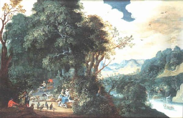 Paysage De Riviere Avec Un Couple Se Reposant Pendant Une Chasse Au Faucon Oil Painting by Abraham Govaerts