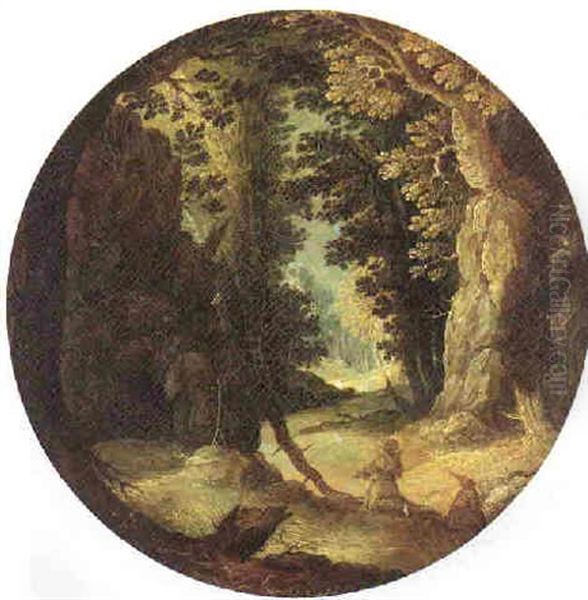 Two Hermits In A Rocky Wooded Landscape Oil Painting by Abraham Govaerts