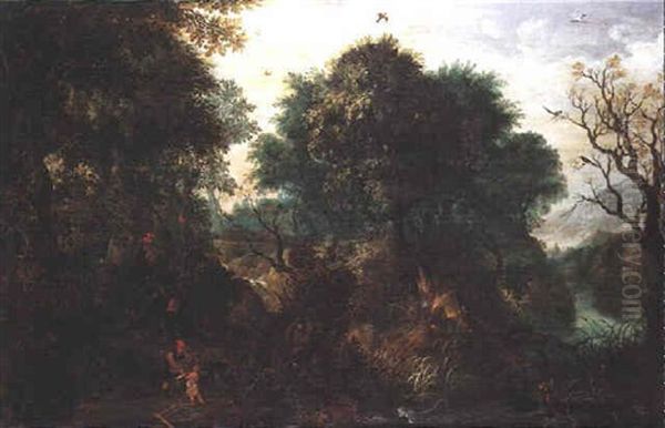 Paysans Ramassant Du Bois Dans Un Paysage Pres D'une Riviere Oil Painting by Abraham Govaerts