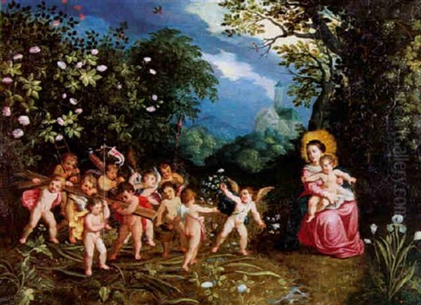 Vierge A L'enfant Accompagnee Des Anges Dans Un Paysage Oil Painting by Abraham Govaerts