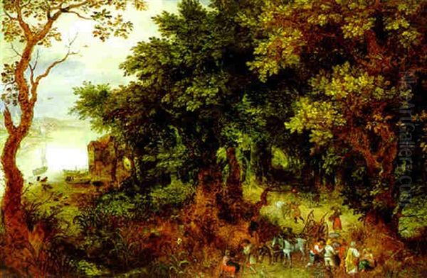 Rastende Bauern An Einer Waldstrase Nahe Einem Flus, Eine Stadt In Der Ferne Oil Painting by Abraham Govaerts