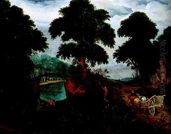 Paysage Fluvial Avec Une Cariole Oil Painting by Abraham Govaerts