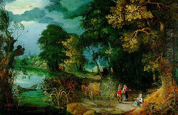 Flusslandschaft Mit Einem Pferdefuhrwerk Und Wanderern Oil Painting by Abraham Govaerts