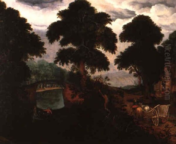 Paysage Fluvial A La Carriole Oil Painting by Abraham Govaerts