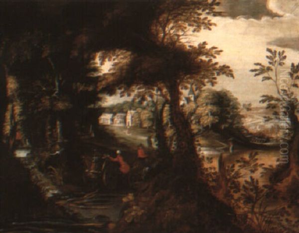 Wooded River Landscape On The Outskirts Of A Town With Travellers Oil Painting by Abraham Govaerts