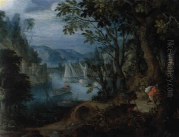 Bewaldete Fluslandschaft Mit Zwei Bauern Oil Painting by Abraham Govaerts