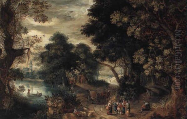 A Wooded River Landscape With Peasants Resting And Conversing On A Track Oil Painting by Abraham Govaerts