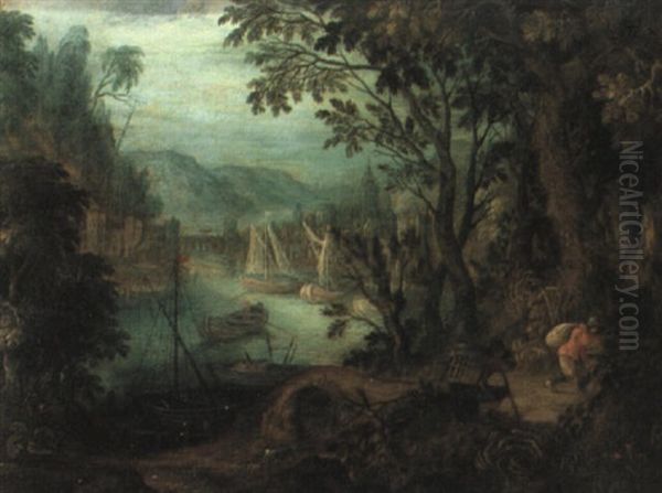 Wooded River Landscape With Boats And Figures Oil Painting by Abraham Govaerts