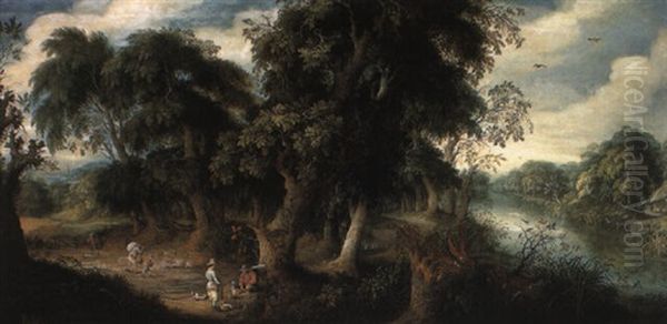 Wooded River Landscape With A Bird Catcher Resting Under A Tree Oil Painting by Abraham Govaerts