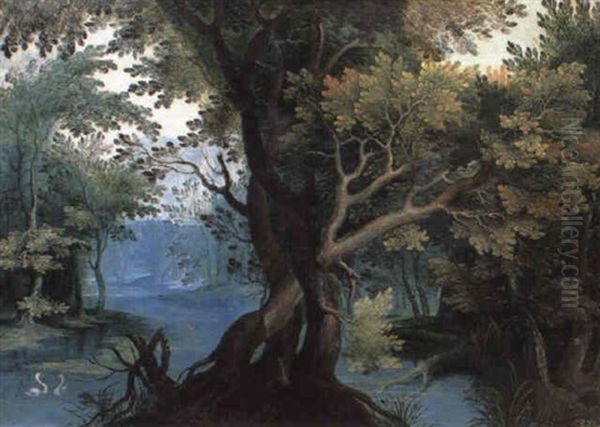 Forest Landscape With Two Swans On A River Oil Painting by Abraham Govaerts