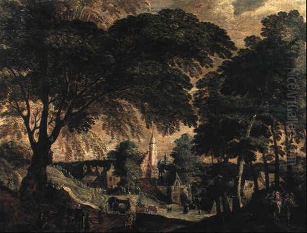 A Wooded Landscape With Peasants On A Track Oil Painting by Abraham Govaerts