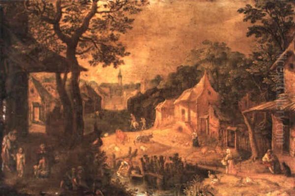 A Village Street Scene With Figures And Animals By A Stream Oil Painting by Abraham Govaerts