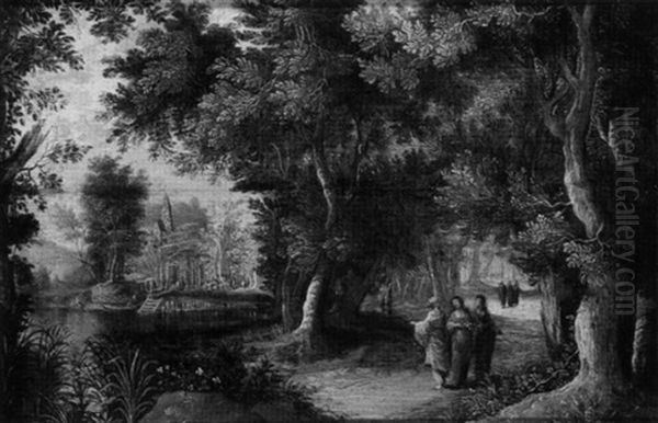 A Wooded Landscape With Figures Oil Painting by Abraham Govaerts