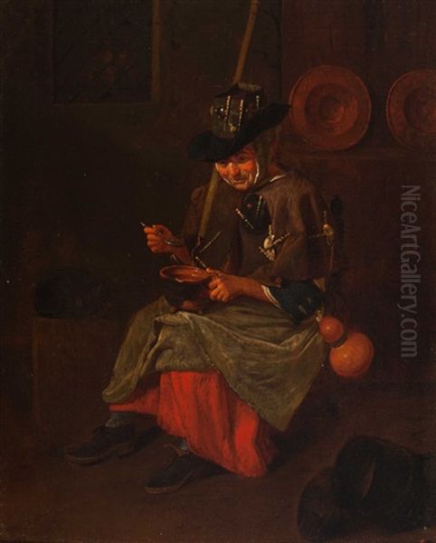 Woman Eating Soup In An Interior Oil Painting by Hendrik Govaerts