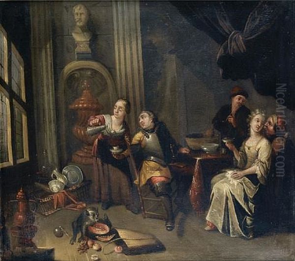 An Elegant Interior With Soldiers And Women Carousing Oil Painting by Hendrik Govaerts