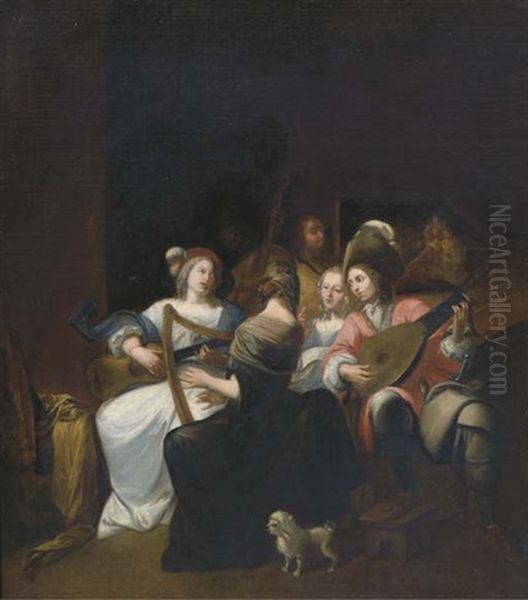 An Elegant Company Making Music In An Interior Oil Painting by Hendrik Govaerts