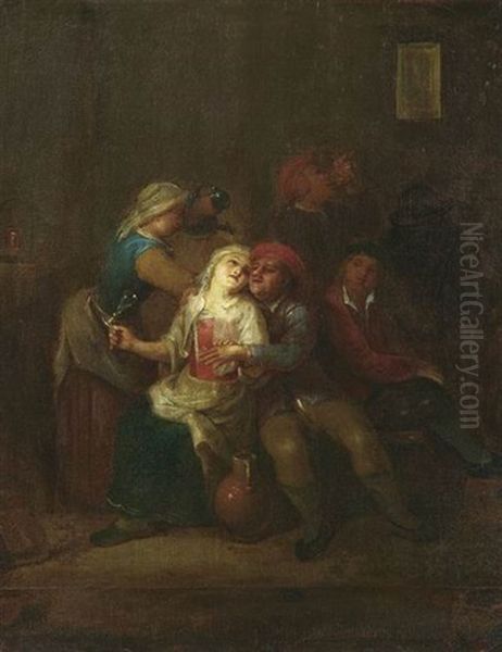 Das Trinkgelage. Frivole Gesellschaft Front Lasterhaft Dem Weine Oil Painting by Hendrik Govaerts