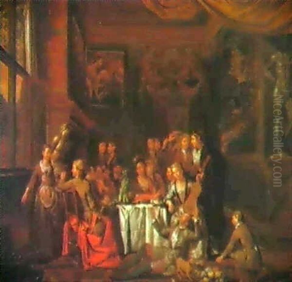 Interior With Figures Banqueting Oil Painting by Hendrik Govaerts