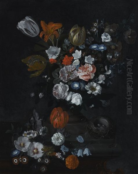 Still Life Of Flowers And A Bird's Nest On A Stone Ledge Oil Painting by Jan Baptiste Govaerts