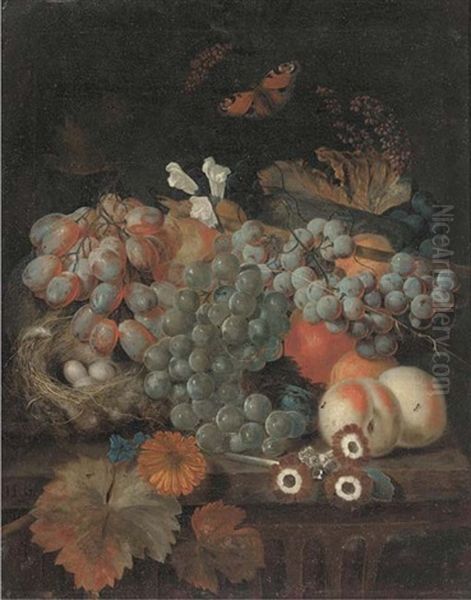 Grapes On The Vine, Peaches, A Birds Nest With Eggs And A Plum On A Ledge Oil Painting by Jan Baptiste Govaerts