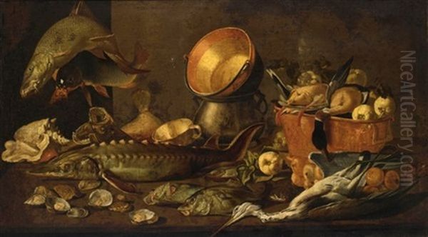 A Still Life With A Sturgeon, A Carp And Other Fresh-waterfish, Together With Copper Bowls, Shells, Oysters, Ducks In A Bucket, And A Heron, All On A Wooden Table Oil Painting by Dirck Govaertsz