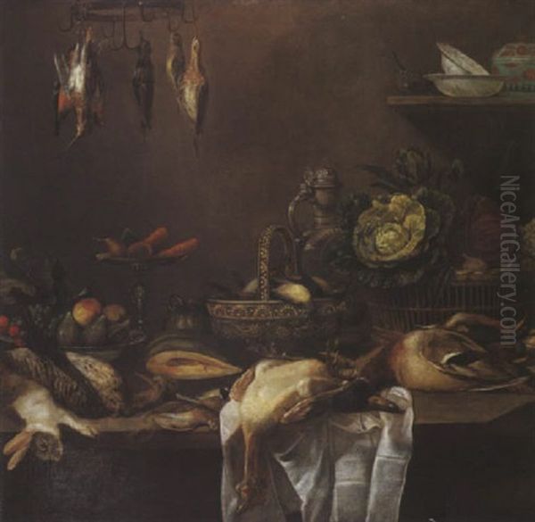 Nature Morte Aux Gibiers, Fruits Et Legumes Sur Un Entablement Oil Painting by Dirck Govaertsz