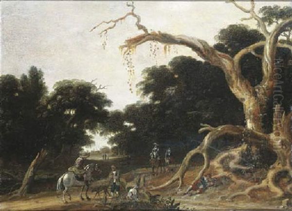 A Wooded Landscape With A Hunting Party Oil Painting by Joachim Govertsz