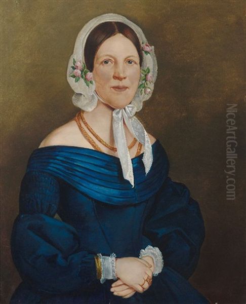 Portrait Einer Jungen Frau Im Blauen Kleid Mit Goldener Kette Und Spitzenhaube Oil Painting by Vaclav Govic