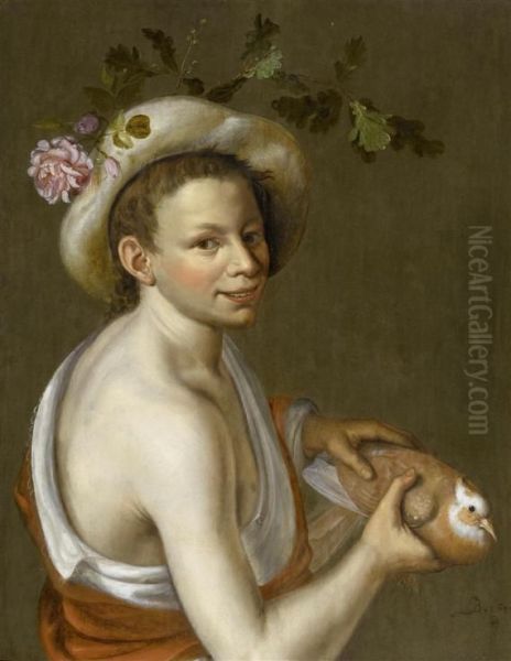 Young Herdsman With Dove. Oil Painting by Johannes Baers