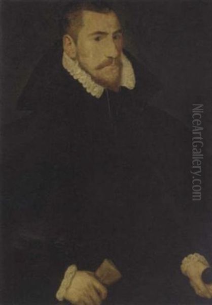 Portrait Of A Gentleman In A Black Cape And A Ruff, Holding A Scroll And Dagger Oil Painting by George Gower