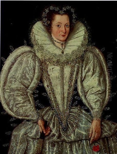 Portrait Of A Lady In A White Satin Dress Decorated With Jewels, And A Lace Ruff, With Pearl Ornaments In Her Hair Oil Painting by George Gower