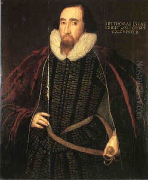 Portrait Of Sir Thomas Lucas, Knight Of St. Johns,          Colchester, Standing Three Quarter Length... Oil Painting by George Gower