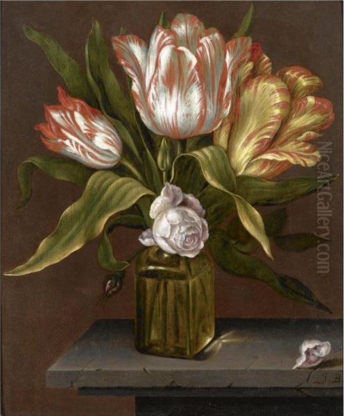 A Still Life With Tulips And Roses In A Glass Vase, On A Stone Ledge Oil Painting by Johannes Baers