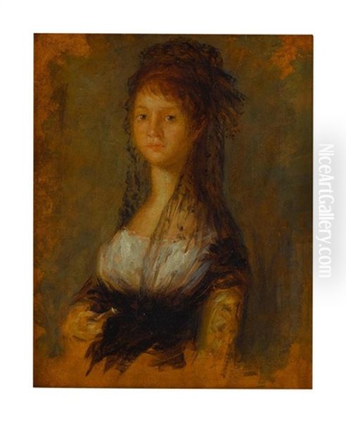 Portrait Of A Young Lady, Half Length, Wearing A White And Yellow Dress And A Mantilla Oil Painting by Francisco Goya