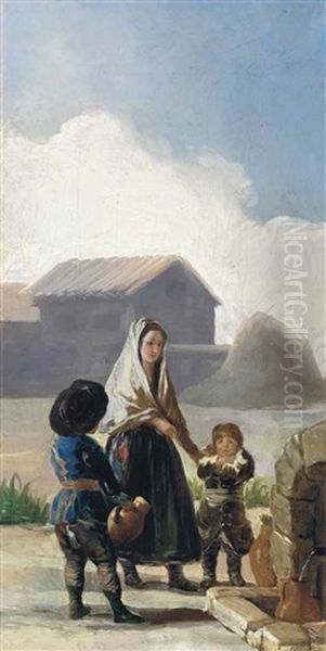 A Woman And Two Boys By A Fountain - A Sketch Oil Painting by Francisco Goya