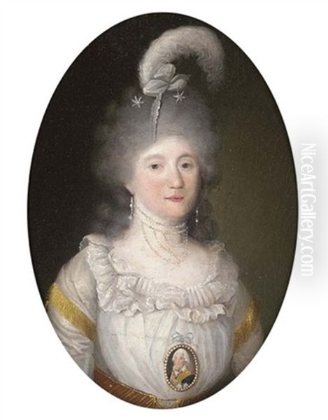 Portrait Of A Lady In A White Dress And Wearing A Portrait Miniature Of A Gentleman Oil Painting by Francisco Goya