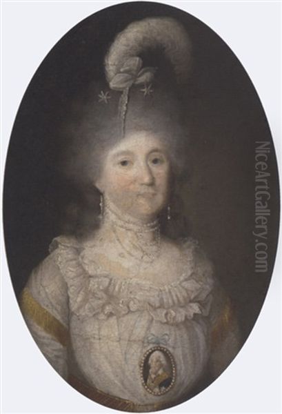 Portrait Of A Lady In A White Dress And Wearing A Portrait Miniature Of A Gentleman Oil Painting by Francisco Goya