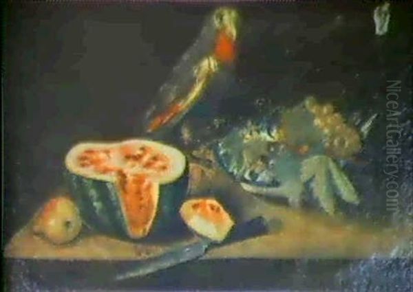 Still Life Of A Split Melon, Grapes On A Ceramic Plate And A Perched Parrot Oil Painting by Francisco Goya