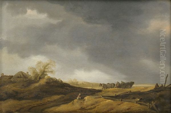 Landschaft Mit Heuwagen Und Einem Rastenden Wanderer Oil Painting by Jan Josefsz. van Goyen