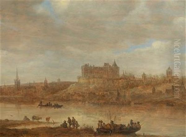 A River Landscape With A Ferry Boat And A Castle By A Town Beyond Oil Painting by Jan Josefsz. van Goyen