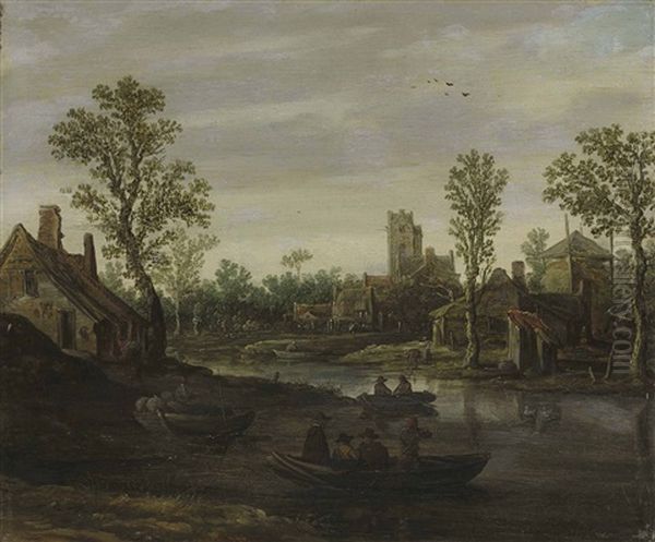 A River Landscape With A Village Beyond Oil Painting by Jan Josefsz. van Goyen